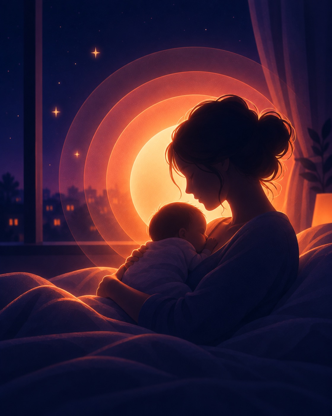 A mother holding her baby during a night feed